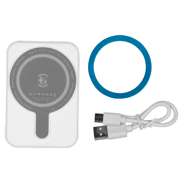 Magnetic Power Bank 5000 mAh - A white magnetic power bank with a grey centre, a blue ring, and a white USB-C cable beside it.
