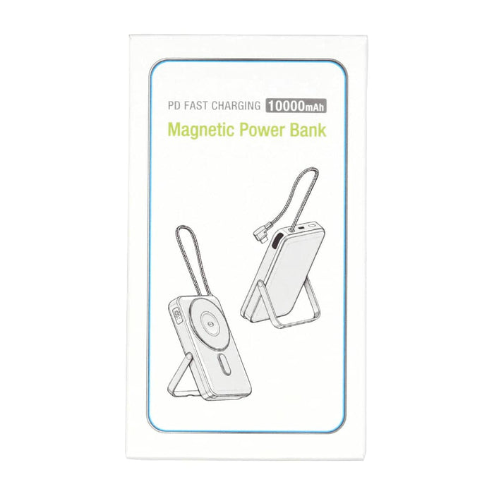 Eclipse Magnetic Power Bank 10000mAh - A white magnetic power bank with a grey strap, featuring an illustration of its design and a built-in stand.