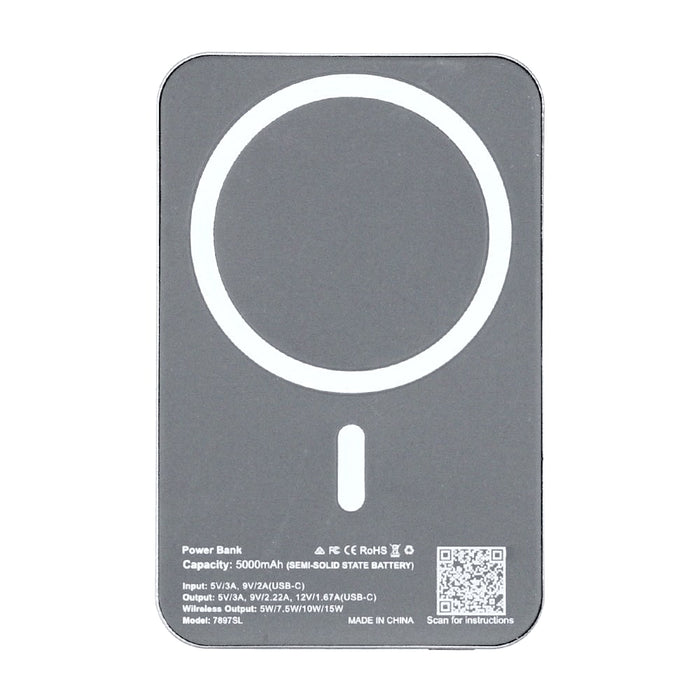 Quantum Pro Power Bank w/ Semi-Solid State Battery 5000mAh - A grey power bank with a semi-solid state battery, featuring a circular logo and a QR code.