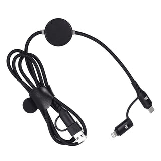 Night Mode Fast Charging Data Cable - A black fast charging data cable with a circular magnetic holder and dual connectors. It features a sleek, organised design.