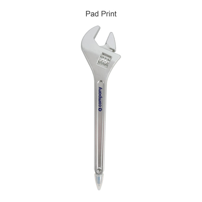 Spanner Shape Ballpoint Pen - A spanner-shaped ballpoint pen in silver with a branding logo.