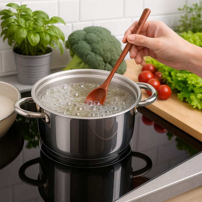 Long Handle Wooden Spoon - A wooden spoon with a long handle in a pot of boiling water, surrounded by fresh vegetables on a kitchen countertop.