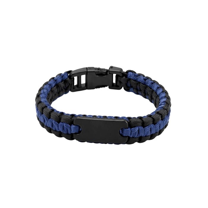 Paracord Bracelet with Metal Plate - A paracord bracelet in blue and black, featuring a black metal plate and a secure clasp.