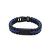Paracord Bracelet with Metal Plate - A paracord bracelet in blue and black, featuring a black metal plate and a secure clasp.