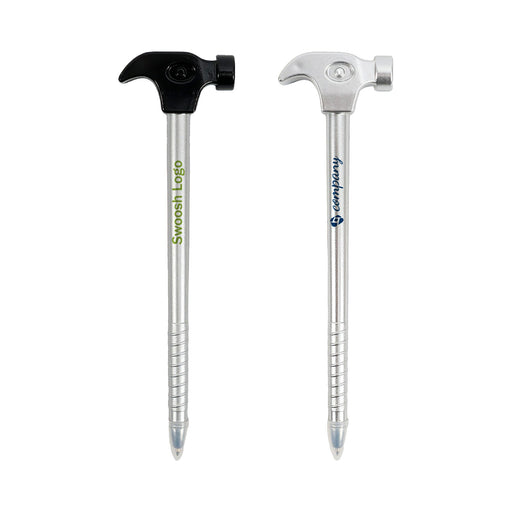 Hammer Shape Ballpoint Pen - A hammer-shaped ballpoint pen in silver with black and green accents, featuring a logo.