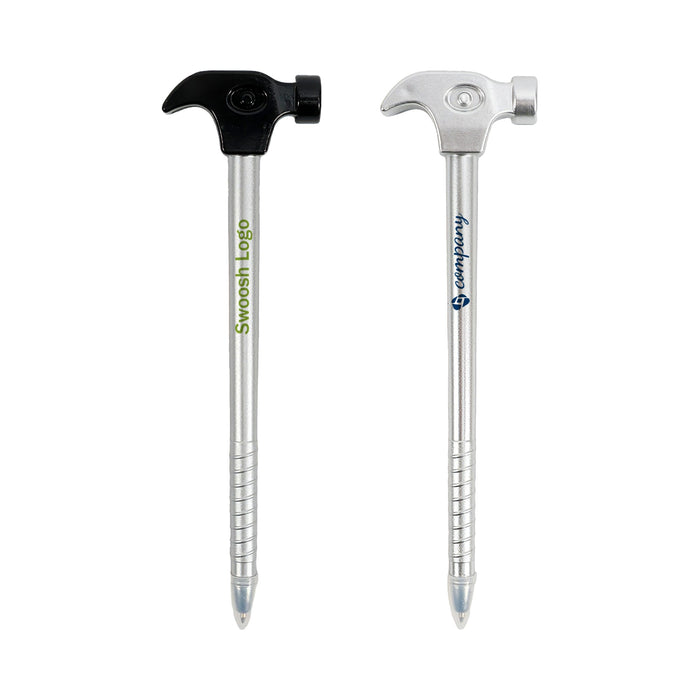 Hammer Shape Ballpoint Pen - A hammer-shaped ballpoint pen in silver with black and green accents, featuring a logo.