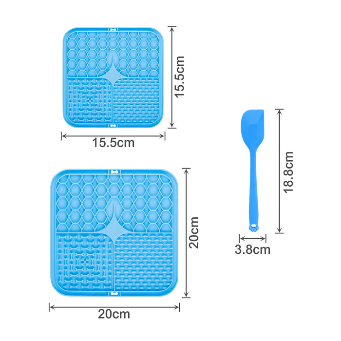 3-Section Dog Enrichment Lick Mat - A blue, square 3-section dog enrichment lick mat with measurements. Includes a matching blue spatula tool.