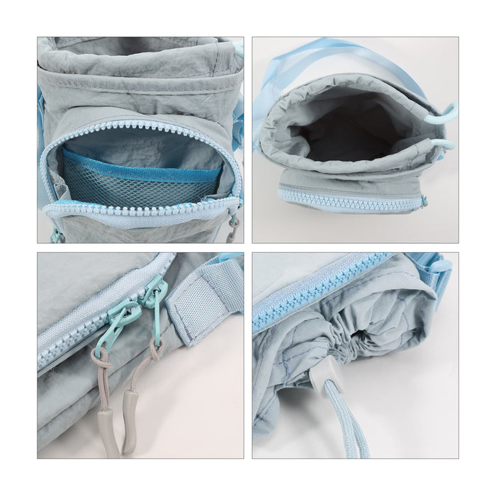Water Bottle Holder with Strap - A drink bottle holder in light grey with a blue strap and zippered compartments for storage. Features a mesh pocket.