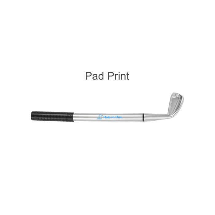 Golf Pen - A silver golf pen designed to resemble a golf club, featuring a textured black grip and a logo.