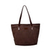 Suede Leather Tote Bag - A brown suede leather tote bag with dark leather handles and a branding logo.