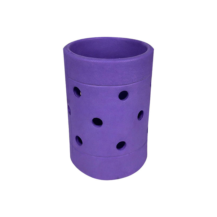 EVA Holes Stubby Holder - A purple EVA Holes Stubby holder with multiple circular cutouts, designed to fit drink bottles.