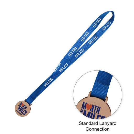 Custom Shaped Wooden Medal with Bamboo Lanyard - A custom-shaped wooden medal with a blue lanyard, featuring a branding logo on the medal.