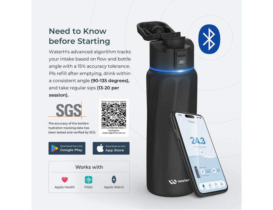 WaterH Boost Smart Bottle 32oz (946ml) - A drink bottle in black with a lid and a blue LED light, accompanied by a smartphone displaying hydration data.