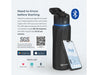 WaterH Boost Smart Bottle 32oz (946ml) - A drink bottle in black with a lid and a blue LED light, accompanied by a smartphone displaying hydration data.