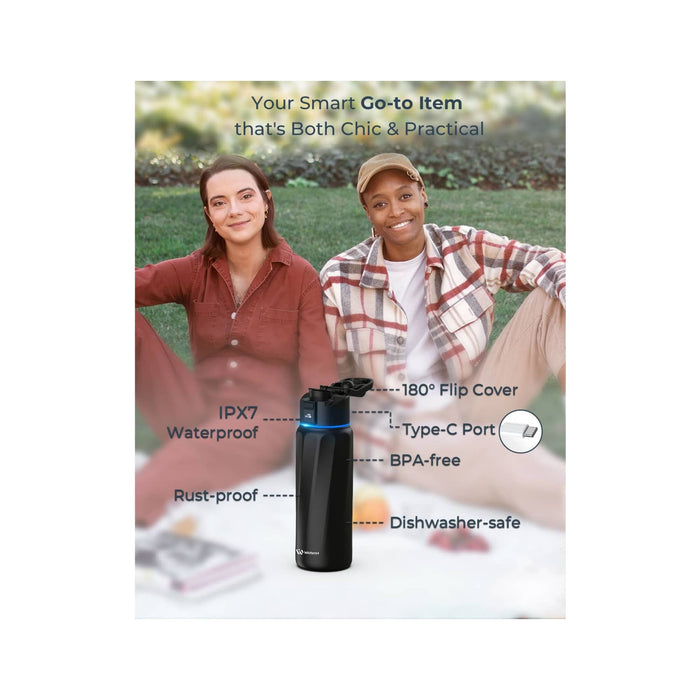 WaterH Boost Smart Bottle 32oz (946ml) - A drink bottle in matte black, featuring a blue accent, with a flip cover and a logo on the lid.