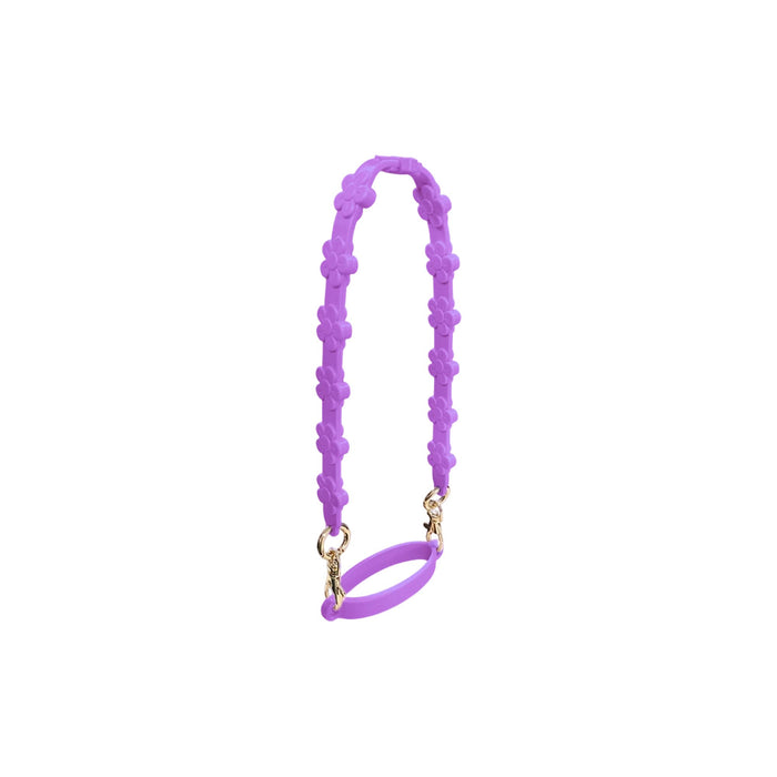 Silicone Flower Tumbler Strap - A drink bottle strap in vibrant purple, featuring a flower design, with gold clips for attachment.