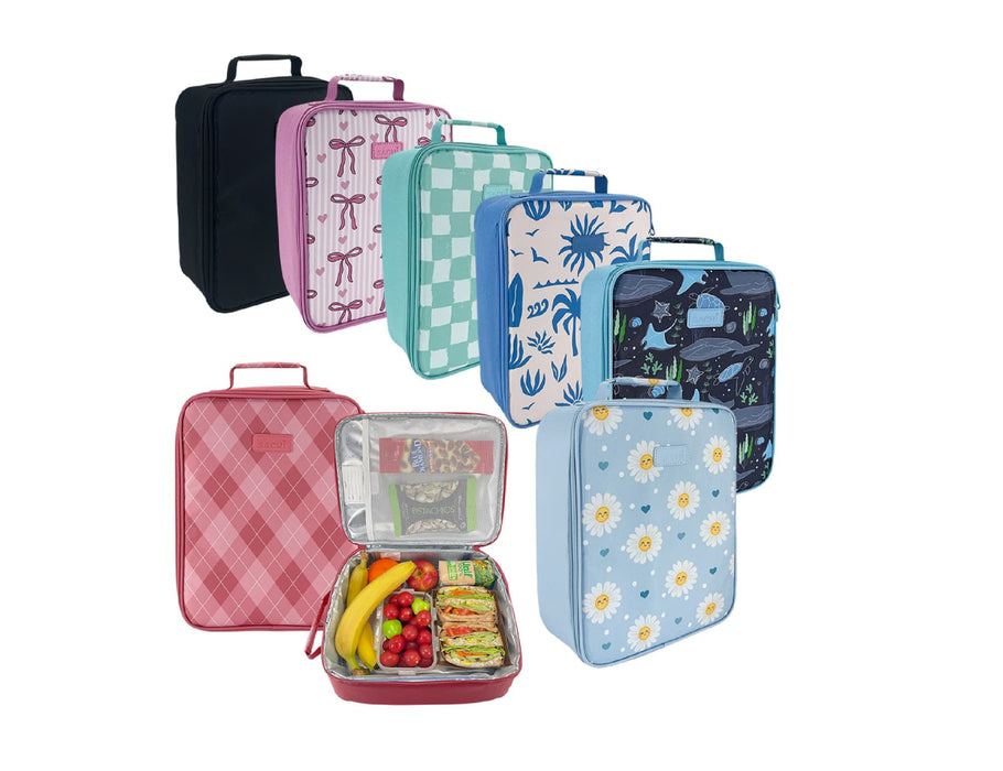 Sachi Insulated Junior XL Lunch Bag - A selection of Sachi Insulated Junior XL Lunch Bags in various colours and patterns, including floral and checkered designs.