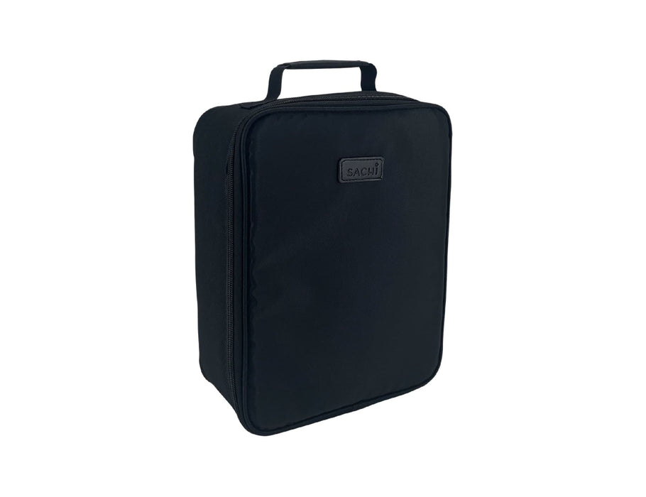 Sachi Insulated Junior XL Lunch Bag - A black insulated lunch bag with a handle and a logo, featuring a sleek, simple design.