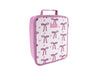 Sachi Insulated Junior XL Lunch Bag - A pink insulated lunch bag with a striped pattern and bow designs, featuring a handle and a logo.
