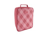 Sachi Insulated Junior XL Lunch Bag - A pink, insulated lunch bag with a checkered pattern and a handle, featuring a logo on the front.