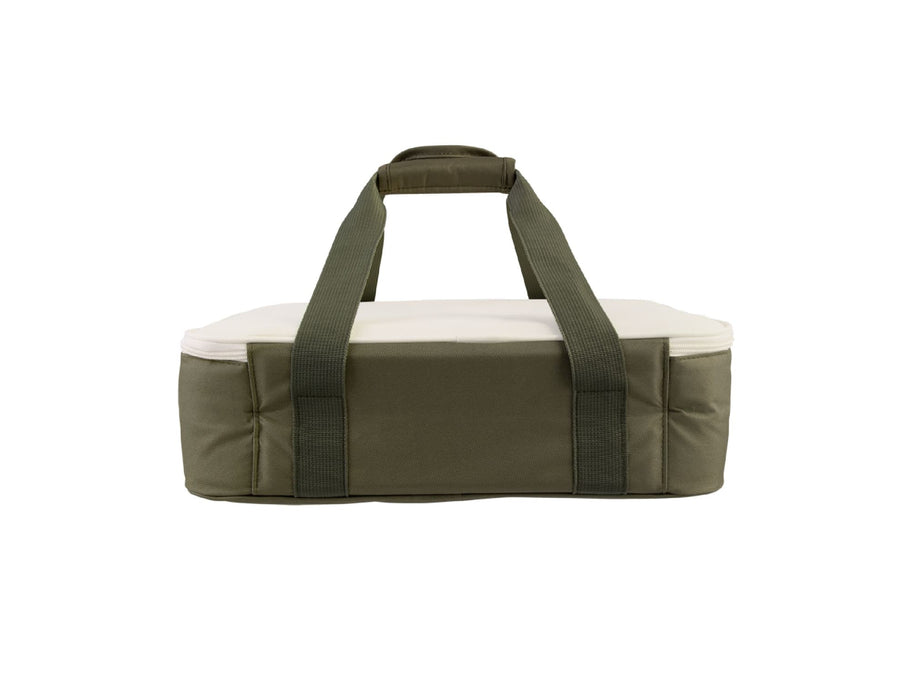 Sachi Insulated 'Cook & Carry' Bag XL - An olive green insulated bag with a white top and sturdy carrying straps. Features a logo on the side.