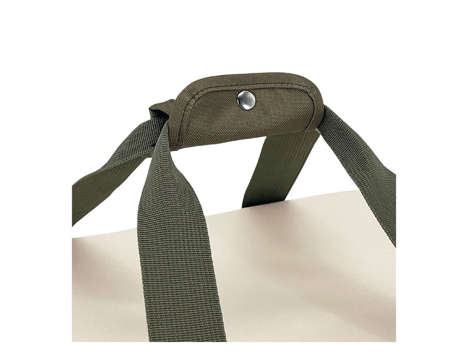 Sachi Insulated 'Cook & Carry' Bag XL - An olive green insulated bag with dual handles and a smooth, light interior. It features a metal snap on the handle.