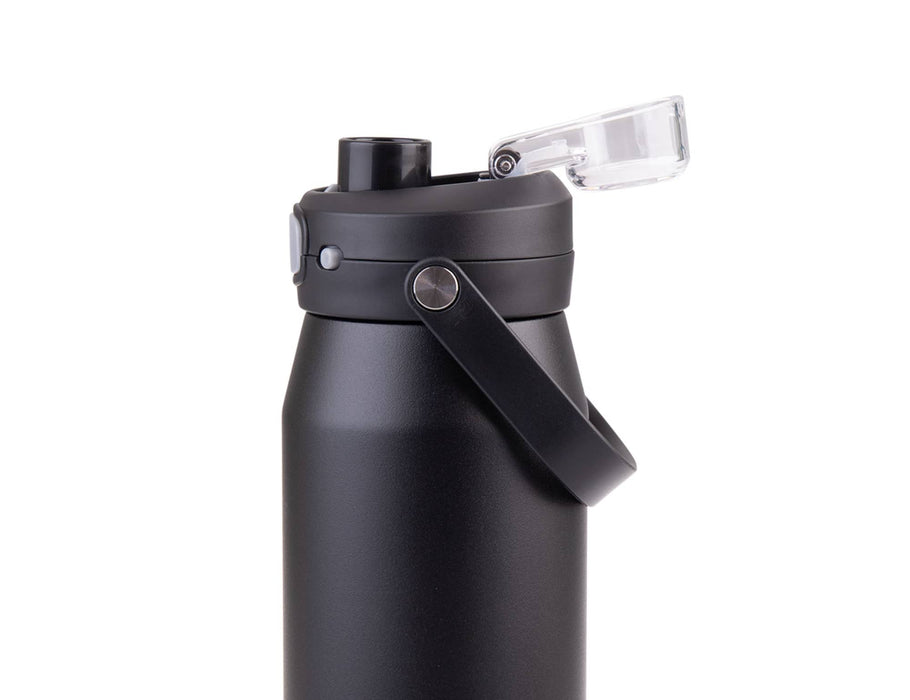 Oasis Capri 750ml Vacuum Quick Release Lid Bottle - A drink bottle in matte black with a quick release lid and a handle for easy carrying. Includes a visible brand logo.