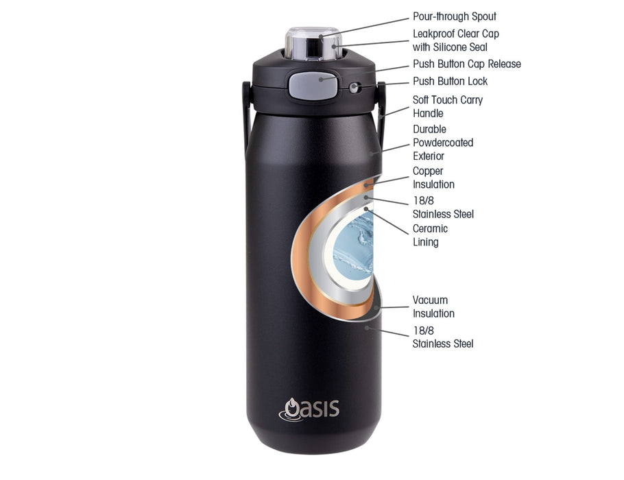 Oasis Capri 750ml Vacuum Quick Release Lid Bottle - A drink bottle features a black exterior, vacuum insulation, a silicone seal, and a push button cap release.