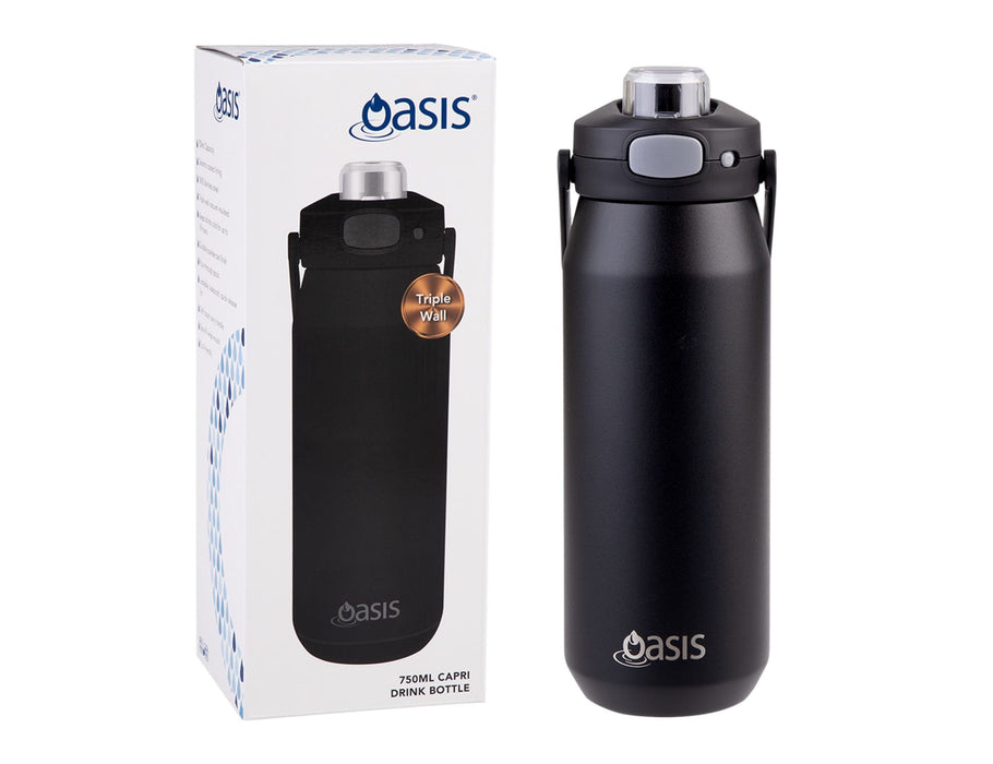 Oasis Capri 750ml Vacuum Quick Release Lid Bottle - A drink bottle in black, featuring a vacuum quick release lid, displayed next to its packaging with a logo.