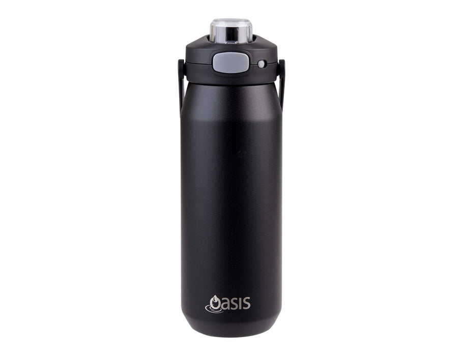 Oasis Capri 750ml Vacuum Quick Release Lid Bottle - A drink bottle in matte black, featuring a vacuum quick release lid and a logo.
