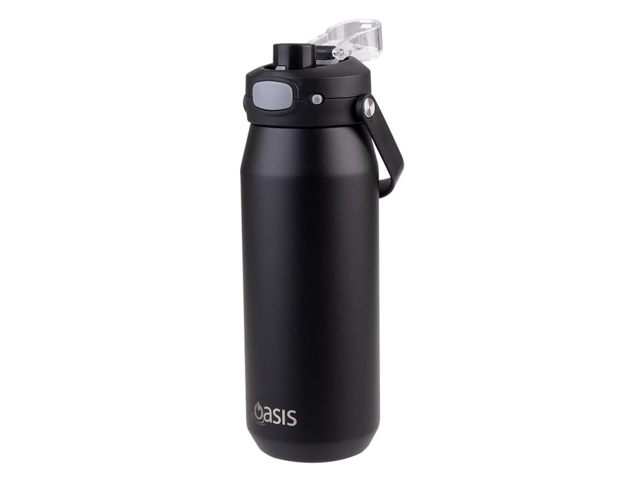 Oasis Capri 750ml Vacuum Quick Release Lid Bottle - A drink bottle in matte black with a quick-release lid and a carry handle. It features a logo on the front.