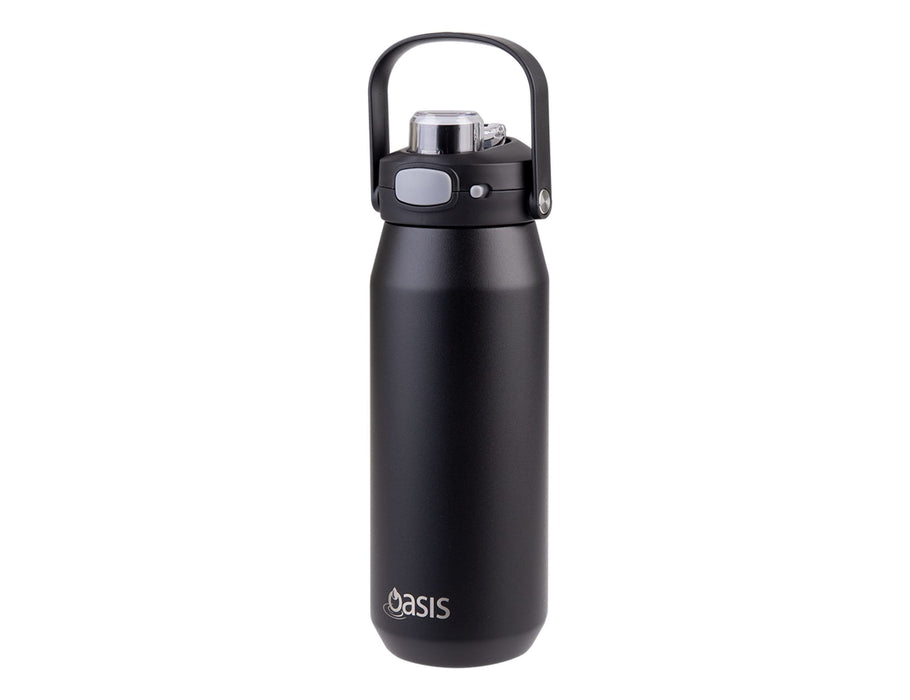 Oasis Capri 750ml Vacuum Quick Release Lid Bottle - A drink bottle in matte black featuring a quick release lid and a handle, with a logo on the front.