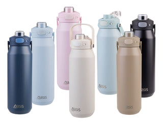 Oasis Capri 1L Vacuum Quick Release Lid Bottle - A drink bottle collection featuring various colours: navy, pink, blue, black, and beige, with a logo on each.