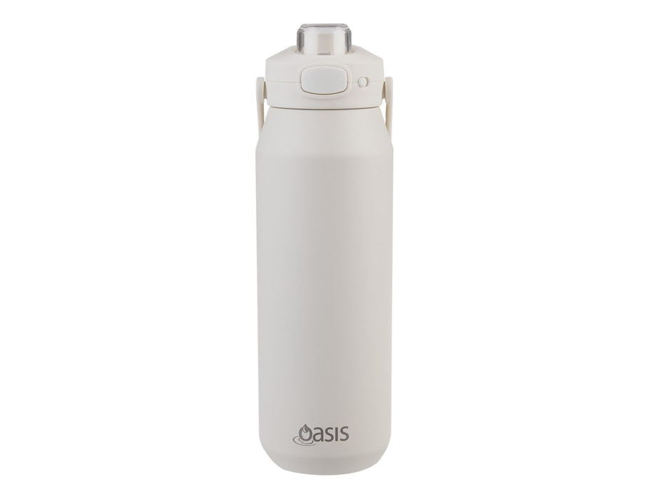 Oasis Capri 1L Vacuum Quick Release Lid Bottle - A drink bottle in white with a quick release lid and a logo at the bottom.