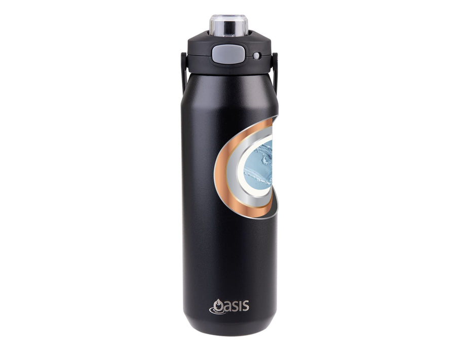 Oasis Capri 1L Vacuum Quick Release Lid Bottle - A drink bottle in black with a vacuum quick release lid, featuring a design and an Oasis logo.