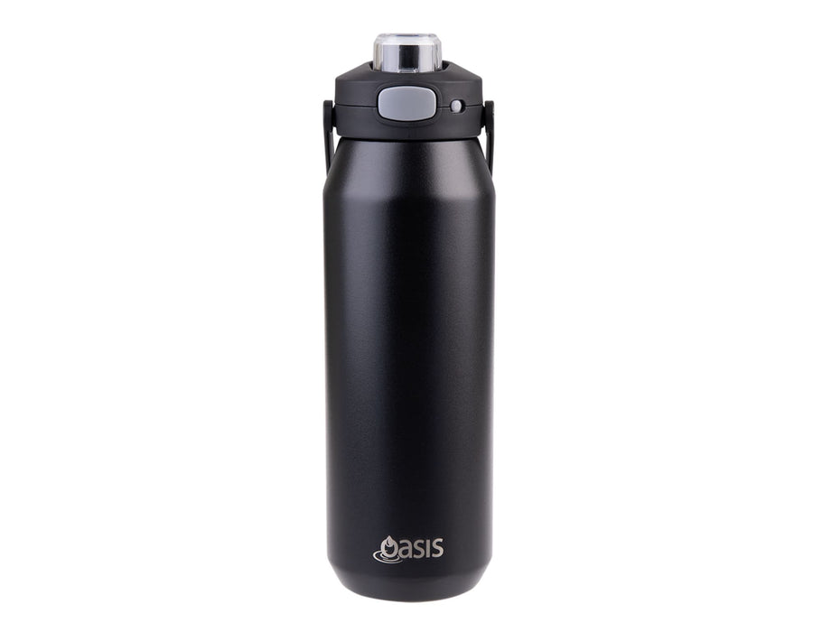 Oasis Capri 1L Vacuum Quick Release Lid Bottle - A drink bottle with a black matte finish, featuring a vacuum quick release lid and a handle, with a logo.