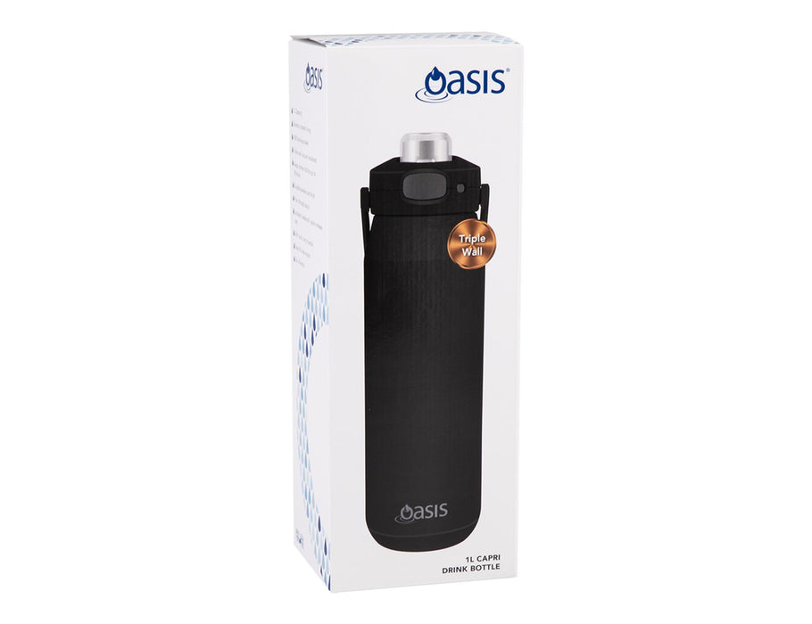 Oasis Capri 1L Vacuum Quick Release Lid Bottle - A drink bottle in black with a stainless steel lid, featuring a triple-wall design and an attached carrying handle.