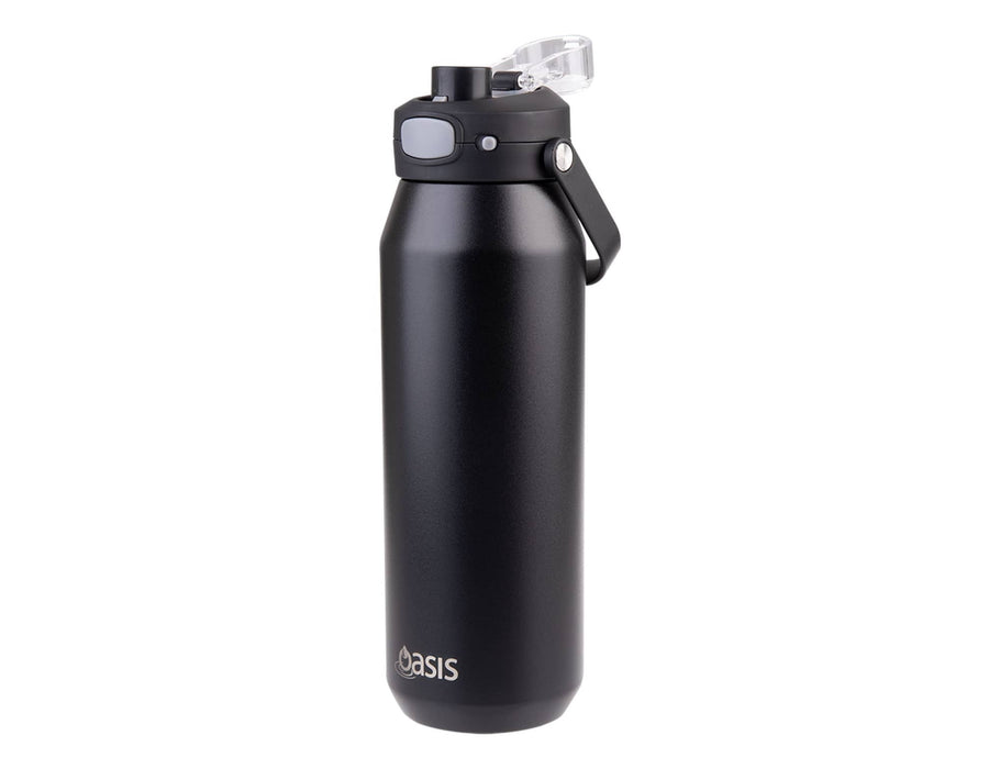 Oasis Capri 1L Vacuum Quick Release Lid Bottle - A drink bottle in matte black with a vacuum quick release lid and a carry handle, featuring a logo.