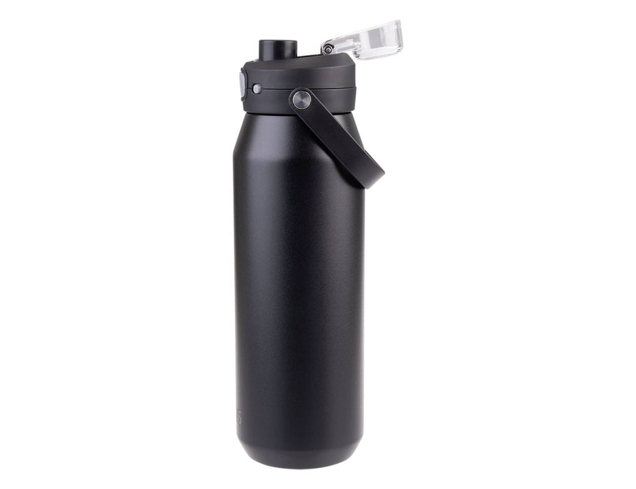 Oasis Capri 1L Vacuum Quick Release Lid Bottle - A drink bottle in matte black with a vacuum quick release lid and a handle, featuring a logo.