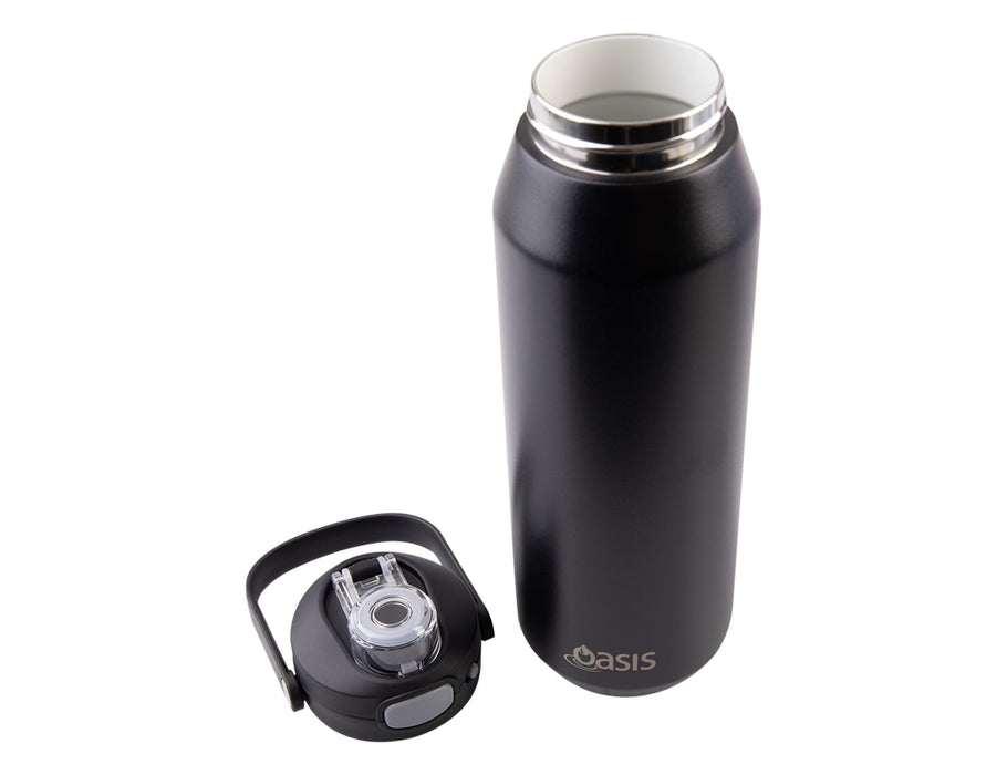 Oasis Capri 1L Vacuum Quick Release Lid Bottle - A drink bottle with a sleek black exterior and a quick release lid, featuring a separate lid component.