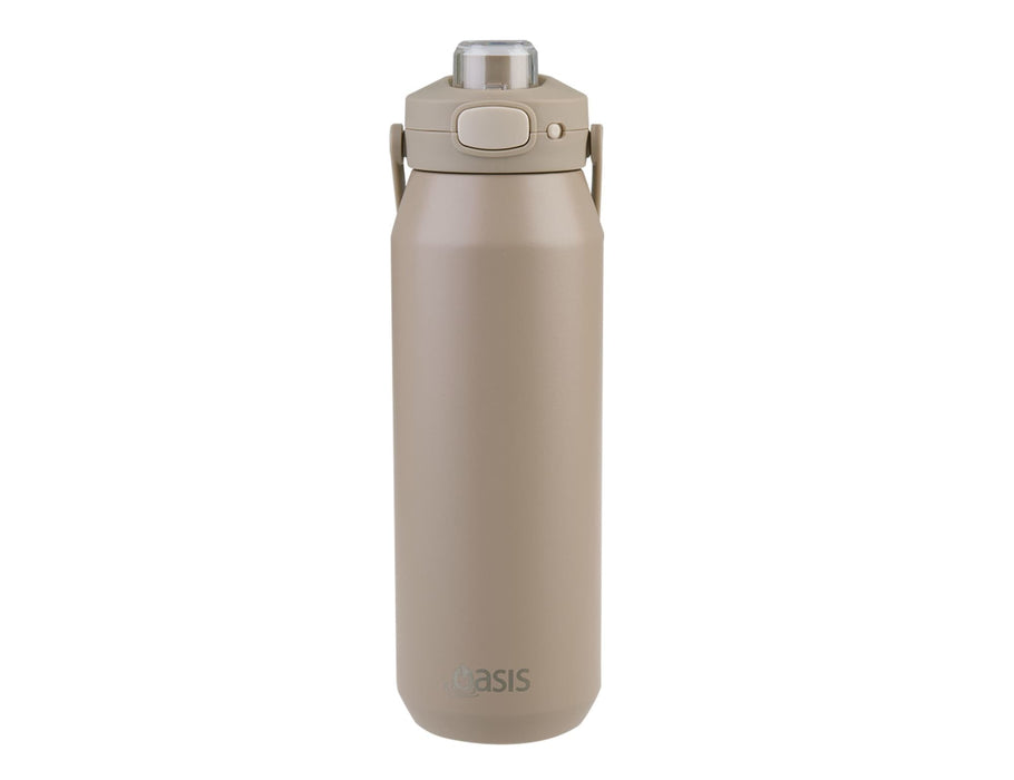 Oasis Capri 1L Vacuum Quick Release Lid Bottle - A drink bottle in a soft beige hue featuring a vacuum quick release lid and a sturdy carrying handle.