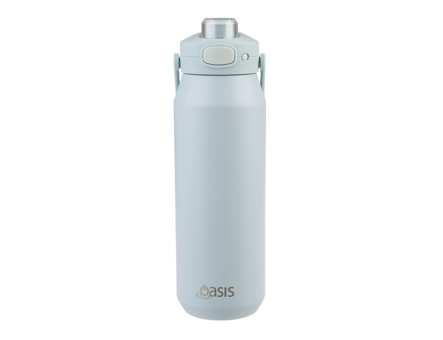 Oasis Capri 1L Vacuum Quick Release Lid Bottle - A drink bottle in a light blue hue with a quick release lid and a handle. It features a logo on the front.