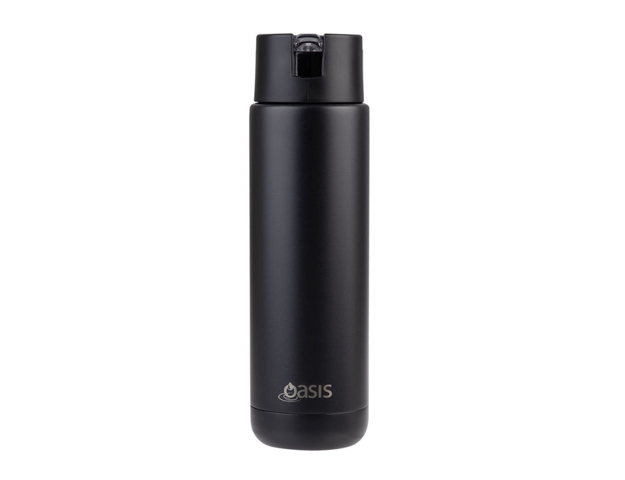 Oasis Moda 700ml Vacuum Bottle - A drink bottle in matte black, featuring a lid and a logo, designed for vacuum insulation.