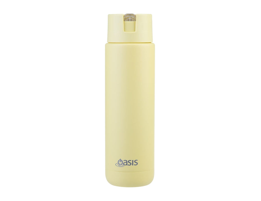 Oasis Moda 700ml Vacuum Bottle - A drink bottle in a soft yellow colour with a flip-top lid and a logo on the front.