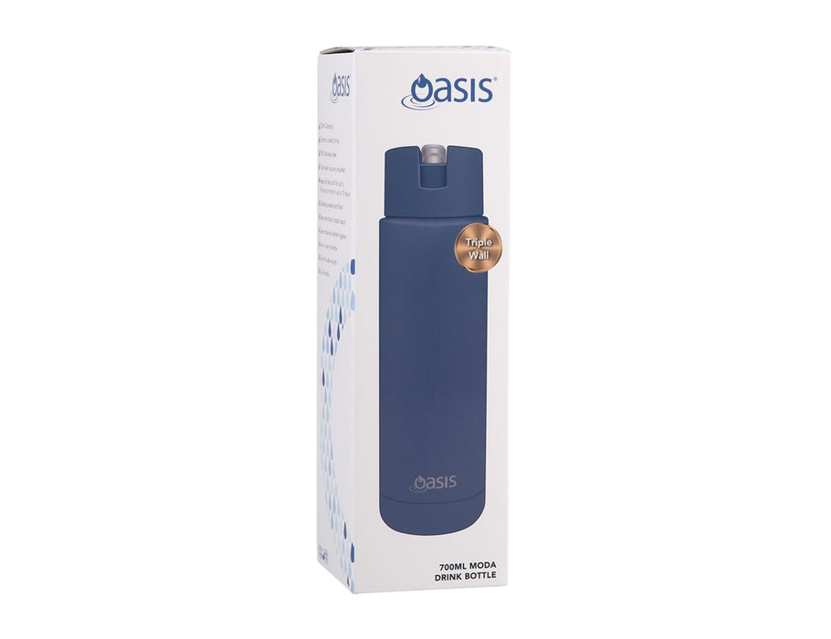 Oasis Moda 700ml Vacuum Bottle - A drink bottle in navy blue with a push-button lid and triple wall insulation, featuring a branding logo.