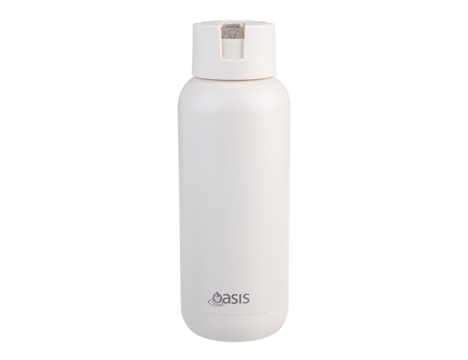 Oasis Moda 1L Vacuum Bottle - A drink bottle in a sleek white design, featuring a lid and a logo on the front.