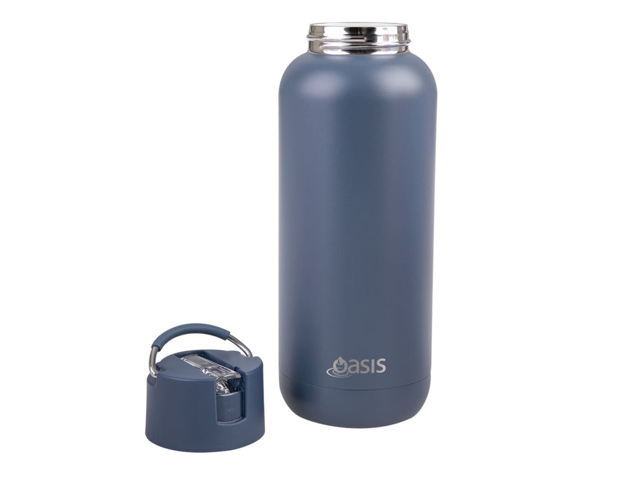 Oasis Moda 1L Vacuum Bottle - A drink bottle in matte dark blue with a silver lid, accompanied by a matching cup and lid. It features a logo.