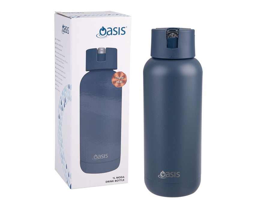 Oasis Moda 1L Vacuum Bottle - A drink bottle with a sleek dark blue design, featuring a lid and a logo. Packaged in a box.