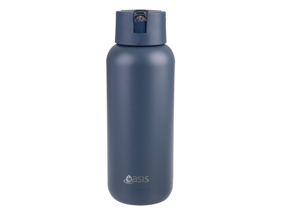 Oasis Moda 1L Vacuum Bottle - A drink bottle in navy blue with a secure lid and a small spout, featuring a logo on the front.