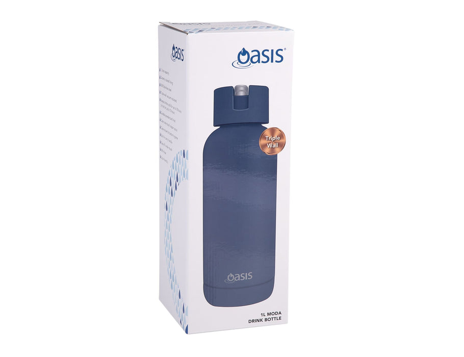 Oasis Moda 1L Vacuum Bottle - A drink bottle in navy blue packaging with a sleek design and a cap. The bottle features a logo on the front.